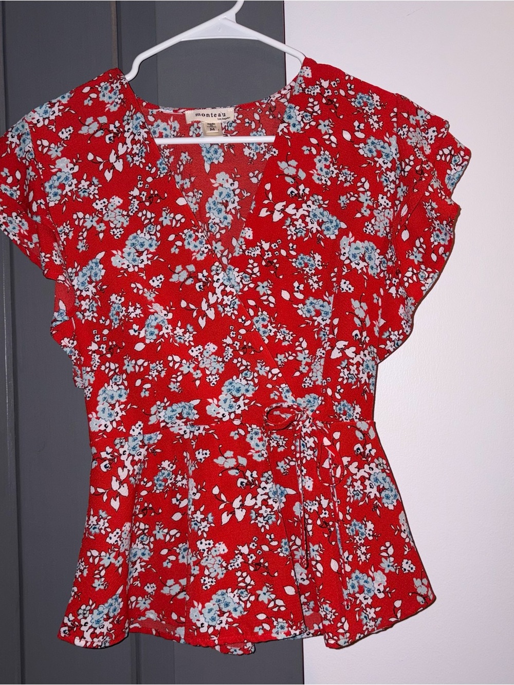 Monteau Red Floral Peplum Blouse with Blue Accents